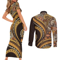 Hawaiian Hibiscus Tribal Vintage Motif Couples Matching Short Sleeve Bodycon Dress and Long Sleeve Button Shirt Ver 4 LT9 - Polynesian Pride