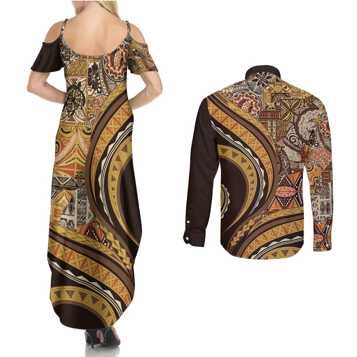 Hawaiian Hibiscus Tribal Vintage Motif Couples Matching Summer Maxi Dress and Long Sleeve Button Shirt Ver 4 LT9 - Polynesian Pride
