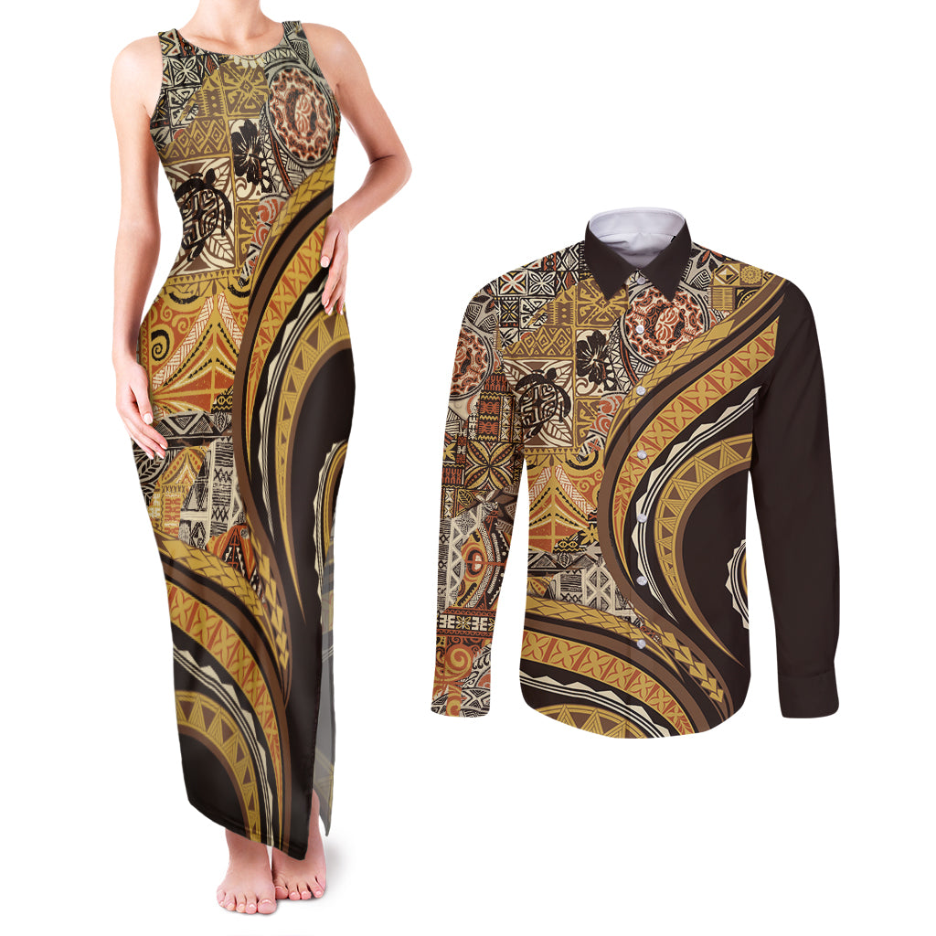 Hawaiian Hibiscus Tribal Vintage Motif Couples Matching Tank Maxi Dress and Long Sleeve Button Shirt Ver 4 LT9 Gold - Polynesian Pride