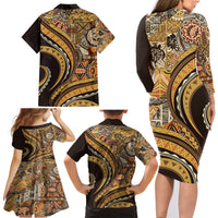 Hawaiian Hibiscus Tribal Vintage Motif Family Matching Long Sleeve Bodycon Dress and Hawaiian Shirt Ver 4 LT9 - Polynesian Pride