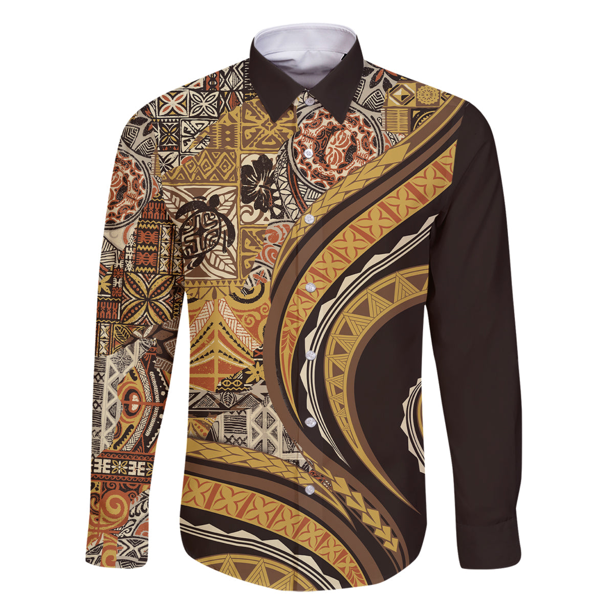 Hawaiian Hibiscus Tribal Vintage Motif Family Matching Long Sleeve Bodycon Dress and Hawaiian Shirt Ver 4 LT9 Dad's Shirt - Long Sleeve Gold - Polynesian Pride