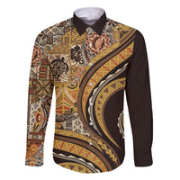 Hawaiian Hibiscus Tribal Vintage Motif Family Matching Long Sleeve Bodycon Dress and Hawaiian Shirt Ver 4 LT9 Dad's Shirt - Long Sleeve Gold - Polynesian Pride