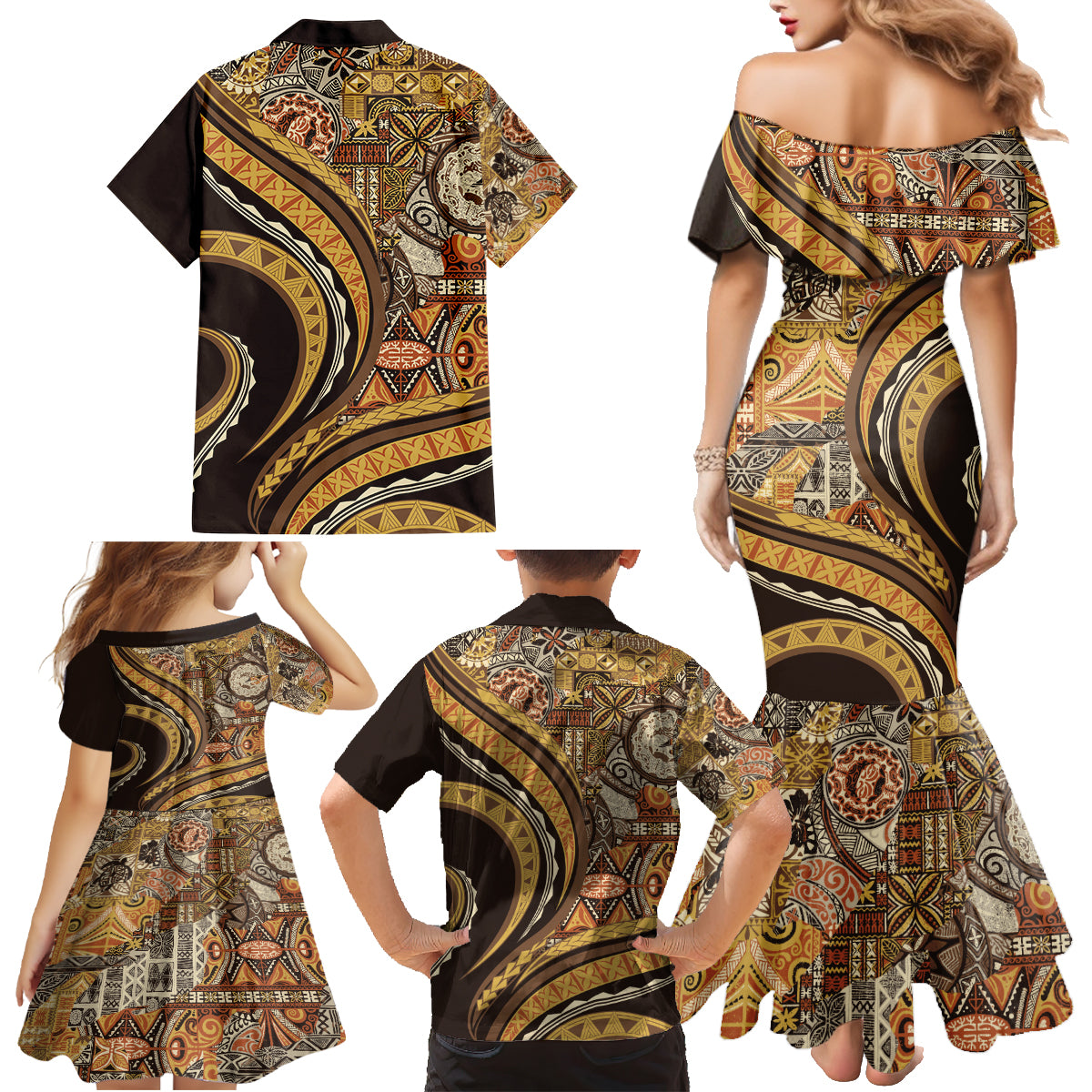Hawaiian Hibiscus Tribal Vintage Motif Family Matching Mermaid Dress and Hawaiian Shirt Ver 4 LT9 - Polynesian Pride