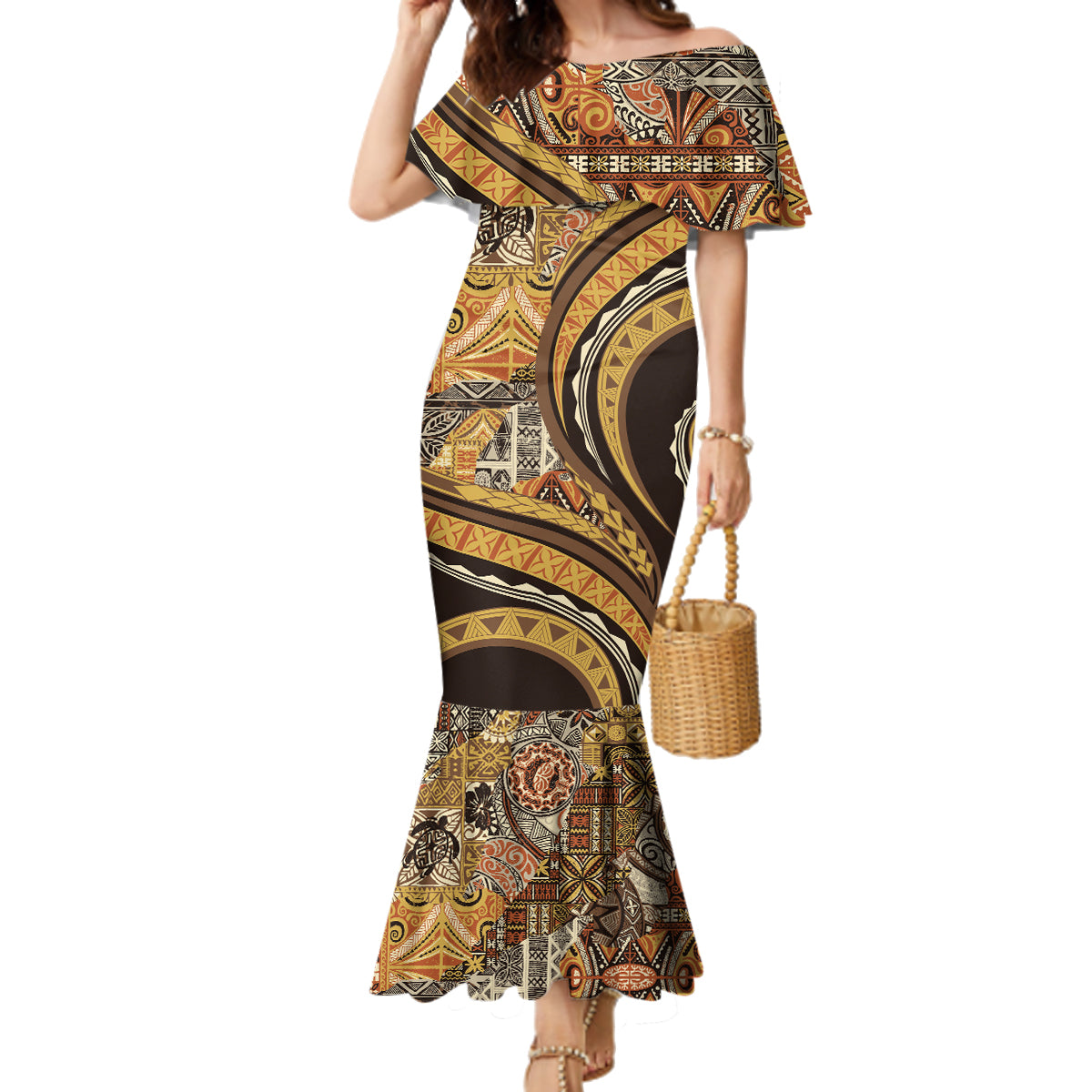 Hawaiian Hibiscus Tribal Vintage Motif Family Matching Mermaid Dress and Hawaiian Shirt Ver 4 LT9 Mom's Dress Gold - Polynesian Pride