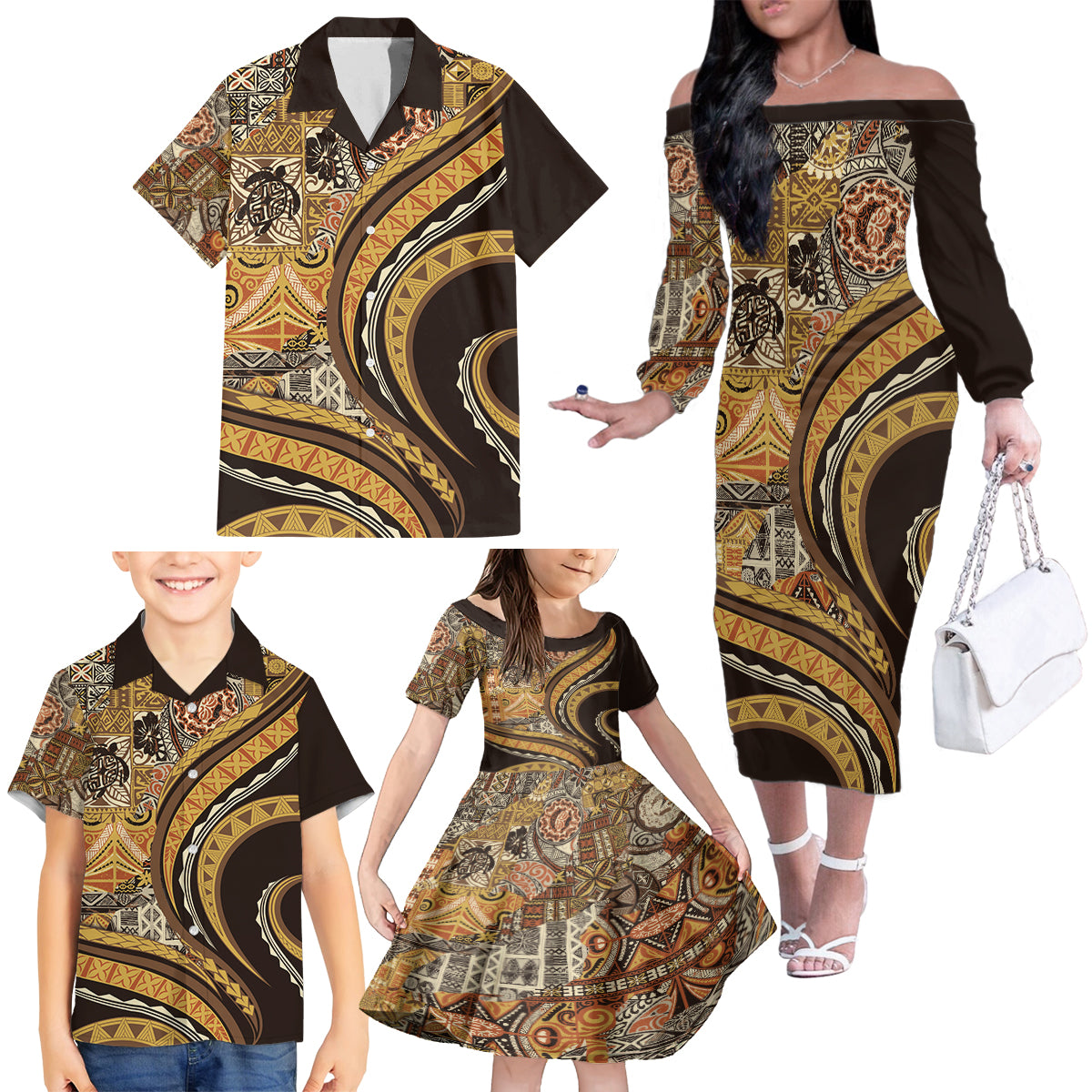 Hawaiian Hibiscus Tribal Vintage Motif Family Matching Off The Shoulder Long Sleeve Dress and Hawaiian Shirt Ver 4 LT9 - Polynesian Pride