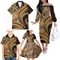 Hawaiian Hibiscus Tribal Vintage Motif Family Matching Off The Shoulder Long Sleeve Dress and Hawaiian Shirt Ver 4 LT9 - Polynesian Pride