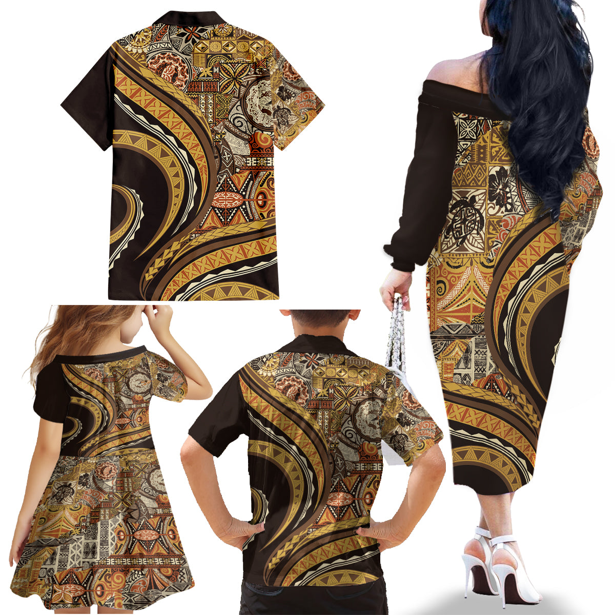 Hawaiian Hibiscus Tribal Vintage Motif Family Matching Off The Shoulder Long Sleeve Dress and Hawaiian Shirt Ver 4 LT9 - Polynesian Pride