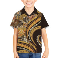 Hawaiian Hibiscus Tribal Vintage Motif Family Matching Off The Shoulder Long Sleeve Dress and Hawaiian Shirt Ver 4 LT9 Son's Shirt Gold - Polynesian Pride