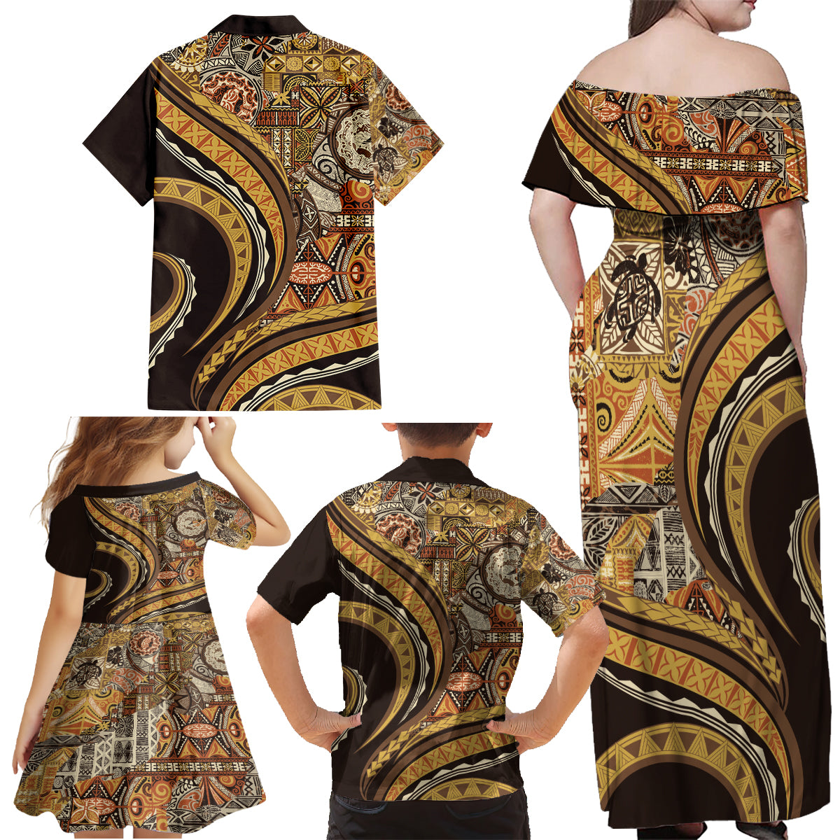 Hawaiian Hibiscus Tribal Vintage Motif Family Matching Off Shoulder Maxi Dress and Hawaiian Shirt Ver 4 LT9 - Polynesian Pride