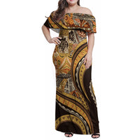 Hawaiian Hibiscus Tribal Vintage Motif Family Matching Off Shoulder Maxi Dress and Hawaiian Shirt Ver 4 LT9 Mom's Dress Gold - Polynesian Pride