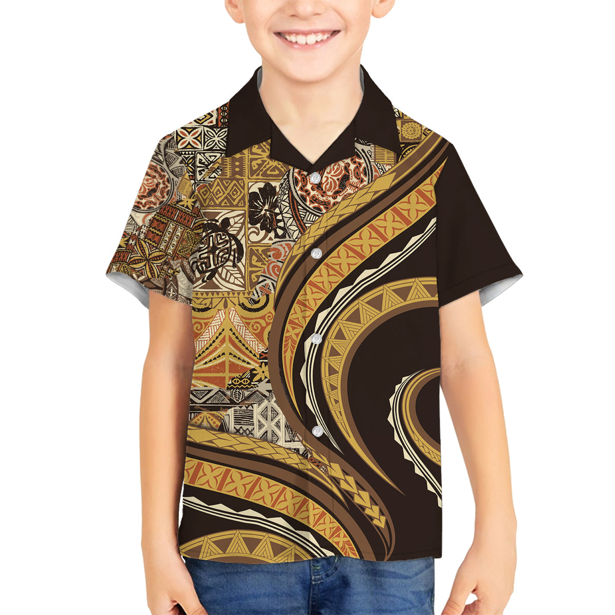 Hawaiian Hibiscus Tribal Vintage Motif Family Matching Off Shoulder Maxi Dress and Hawaiian Shirt Ver 4 LT9 Son's Shirt Gold - Polynesian Pride