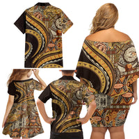 Hawaiian Hibiscus Tribal Vintage Motif Family Matching Off Shoulder Short Dress and Hawaiian Shirt Ver 4 LT9 - Polynesian Pride