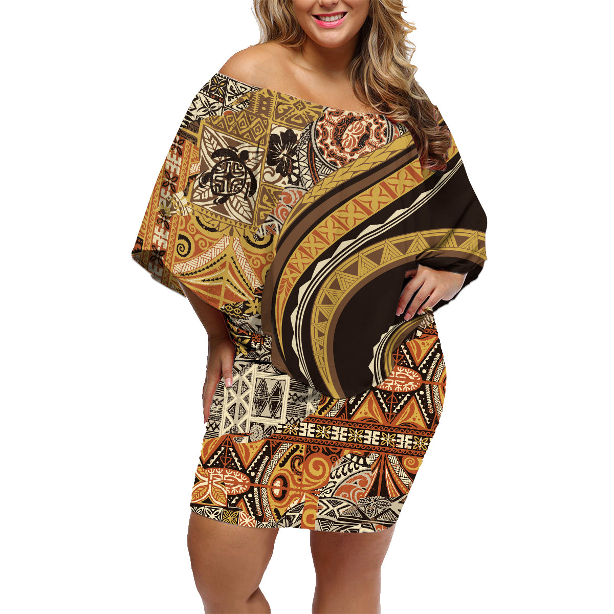 Hawaiian Hibiscus Tribal Vintage Motif Family Matching Off Shoulder Short Dress and Hawaiian Shirt Ver 4 LT9 Mom's Dress Gold - Polynesian Pride