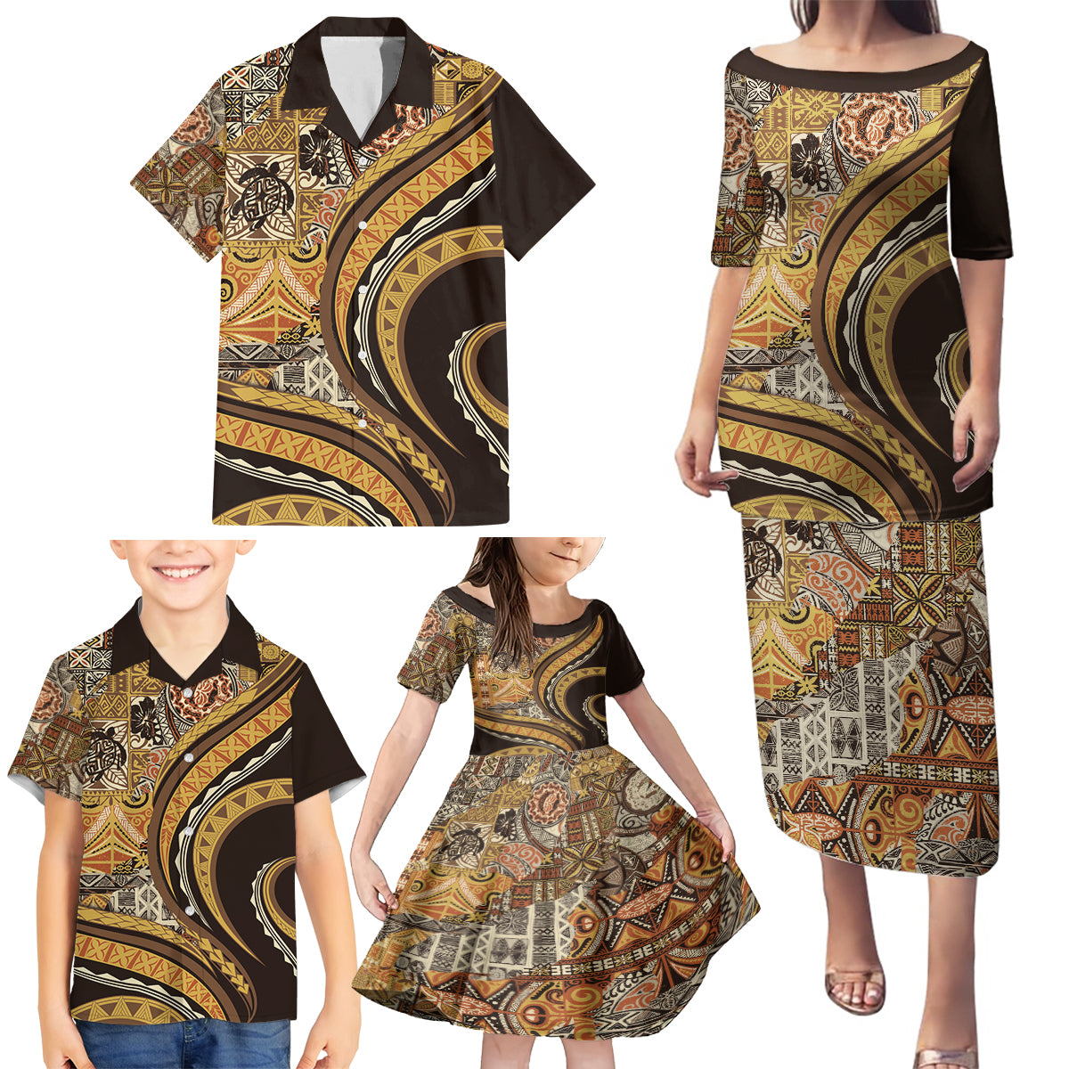 Hawaiian Hibiscus Tribal Vintage Motif Family Matching Puletasi and Hawaiian Shirt Ver 4 LT9 - Polynesian Pride