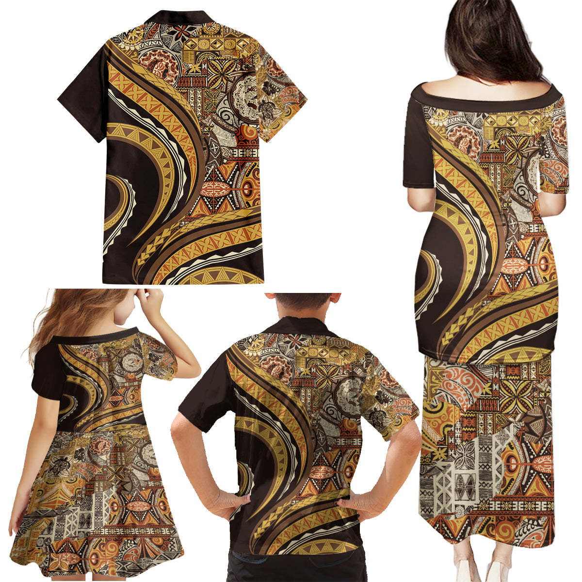Hawaiian Hibiscus Tribal Vintage Motif Family Matching Puletasi and Hawaiian Shirt Ver 4 LT9 - Polynesian Pride