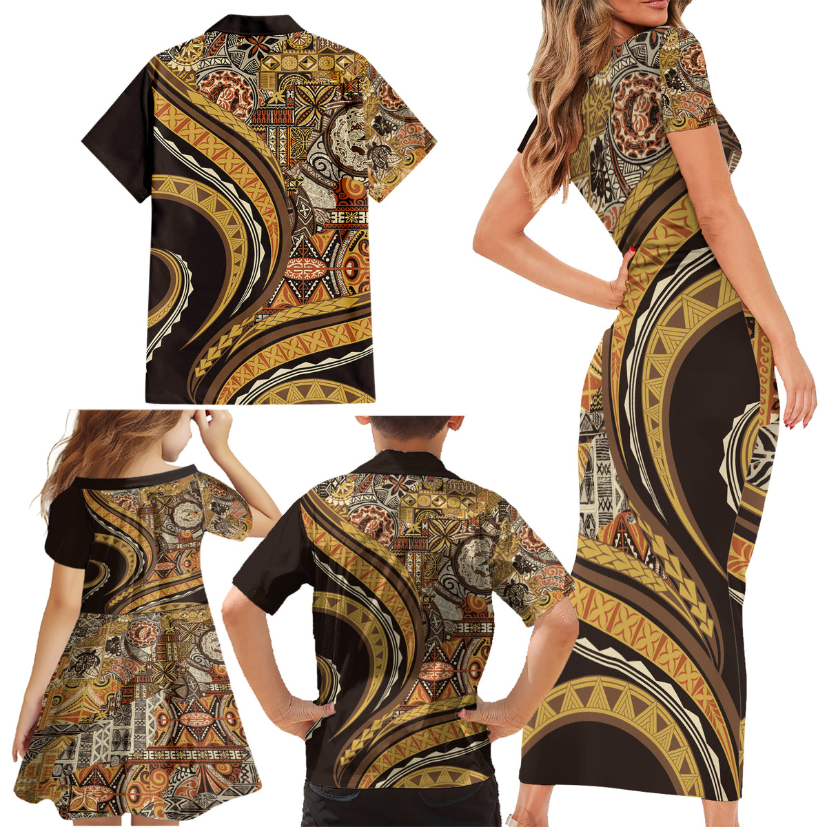 Hawaiian Hibiscus Tribal Vintage Motif Family Matching Short Sleeve Bodycon Dress and Hawaiian Shirt Ver 4 LT9 - Polynesian Pride
