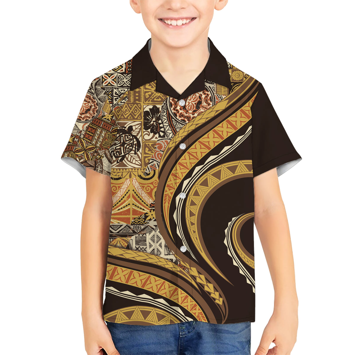 Hawaiian Hibiscus Tribal Vintage Motif Family Matching Short Sleeve Bodycon Dress and Hawaiian Shirt Ver 4 LT9 Son's Shirt Gold - Polynesian Pride
