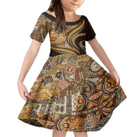 Hawaiian Hibiscus Tribal Vintage Motif Family Matching Summer Maxi Dress and Hawaiian Shirt Ver 4 LT9 Daughter's Dress Gold - Polynesian Pride