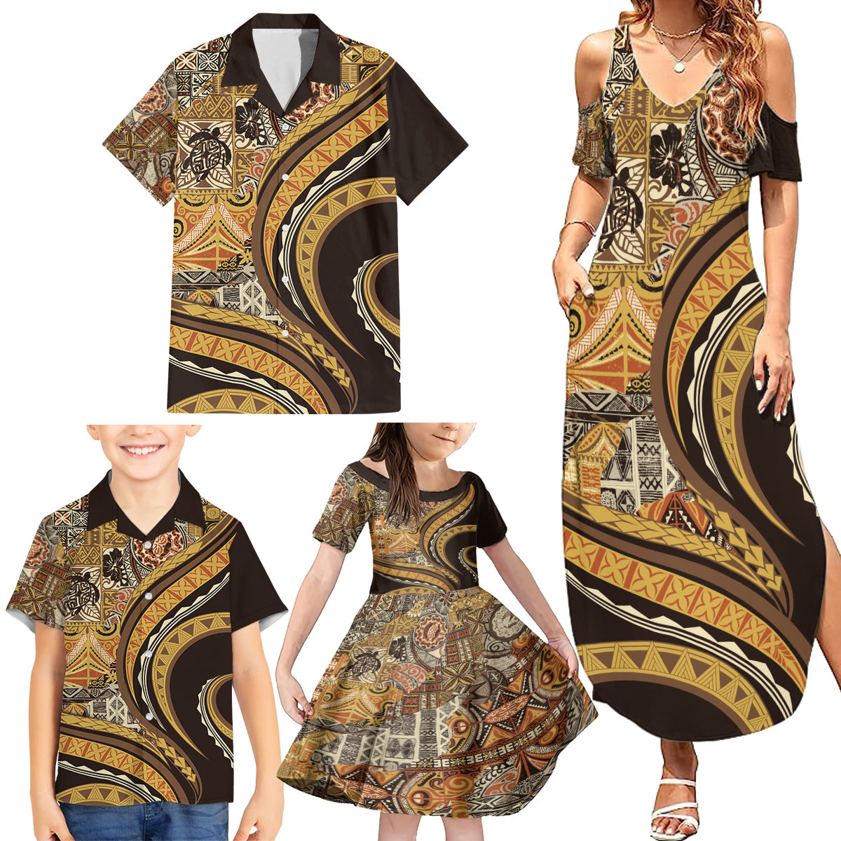 Hawaiian Hibiscus Tribal Vintage Motif Family Matching Summer Maxi Dress and Hawaiian Shirt Ver 4 LT9 - Polynesian Pride