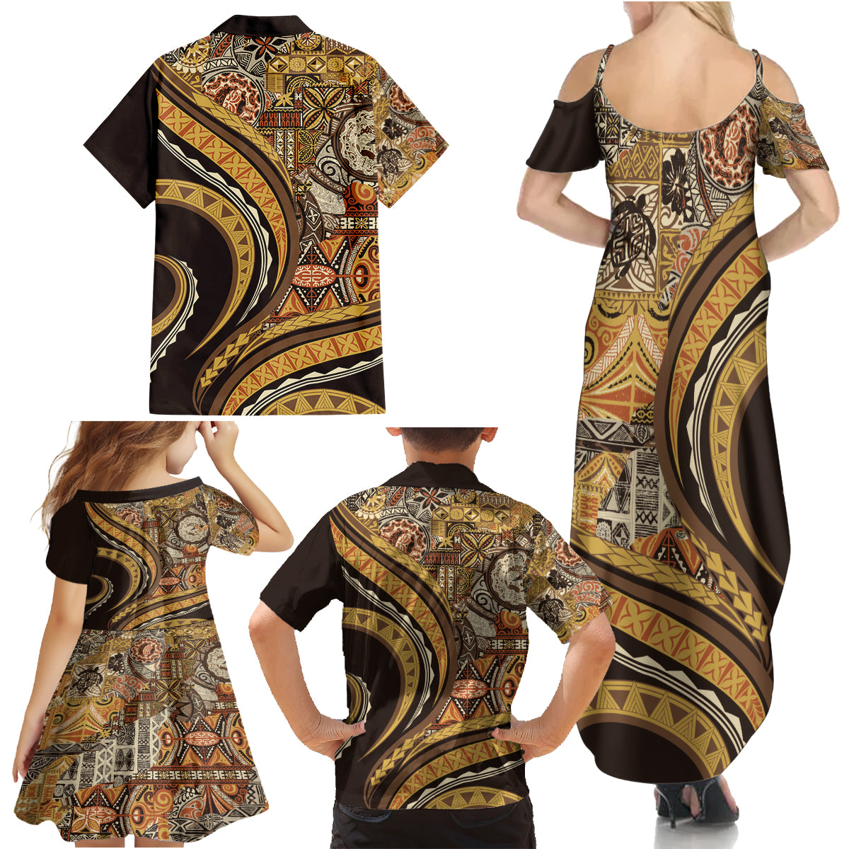 Hawaiian Hibiscus Tribal Vintage Motif Family Matching Summer Maxi Dress and Hawaiian Shirt Ver 4 LT9 - Polynesian Pride
