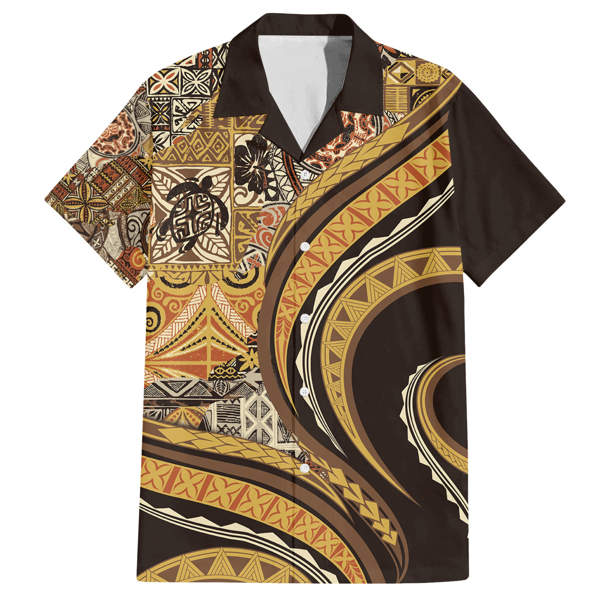 Hawaiian Hibiscus Tribal Vintage Motif Family Matching Summer Maxi Dress and Hawaiian Shirt Ver 4 LT9 Dad's Shirt - Short Sleeve Gold - Polynesian Pride
