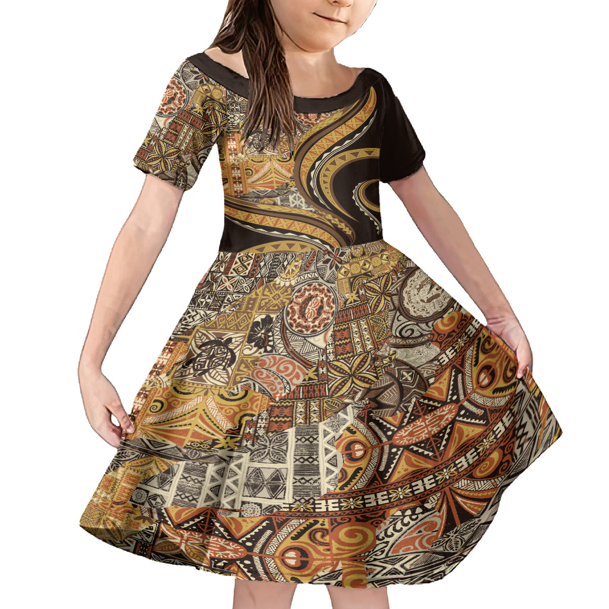 Hawaiian Hibiscus Tribal Vintage Motif Family Matching Tank Maxi Dress and Hawaiian Shirt Ver 4 LT9 Daughter's Dress Gold - Polynesian Pride