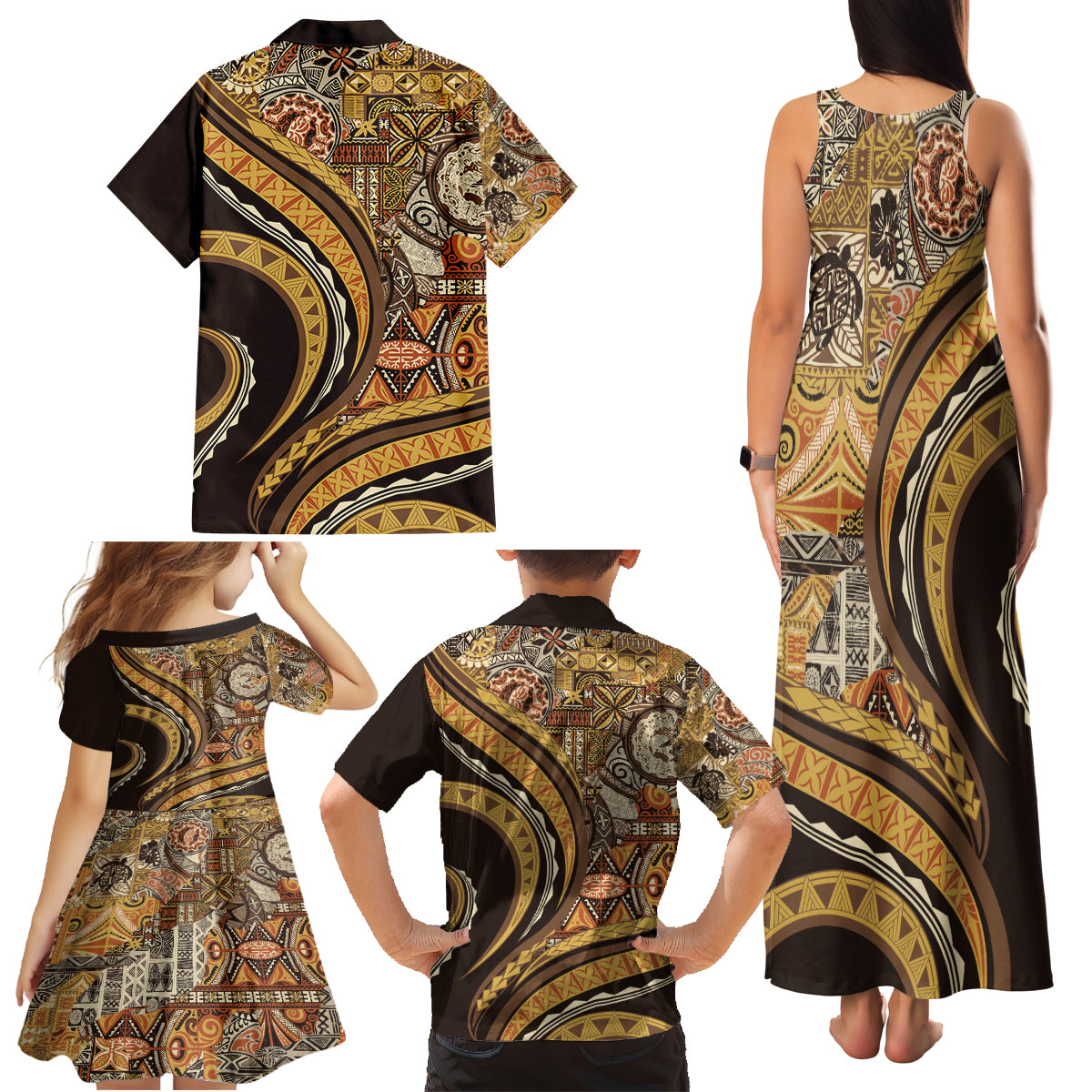 Hawaiian Hibiscus Tribal Vintage Motif Family Matching Tank Maxi Dress and Hawaiian Shirt Ver 4 LT9 - Polynesian Pride