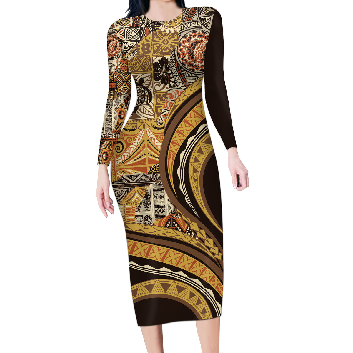 Hawaiian Hibiscus Tribal Vintage Motif Long Sleeve Bodycon Dress Ver 4 LT9 Long Dress Gold - Polynesian Pride
