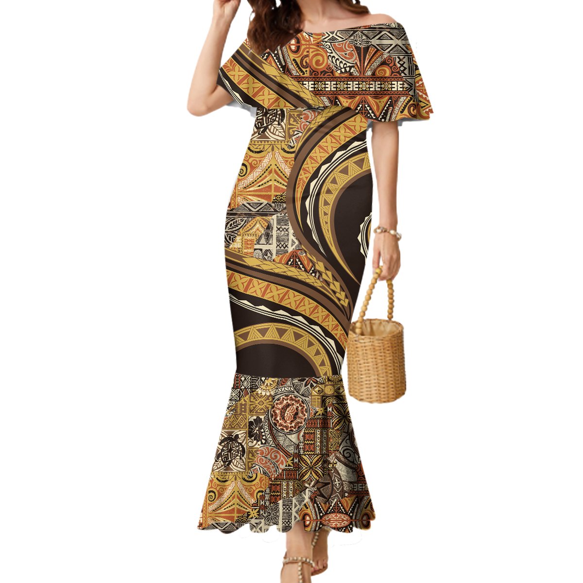 Hawaiian Hibiscus Tribal Vintage Motif Mermaid Dress Ver 4 LT9 Women Gold - Polynesian Pride