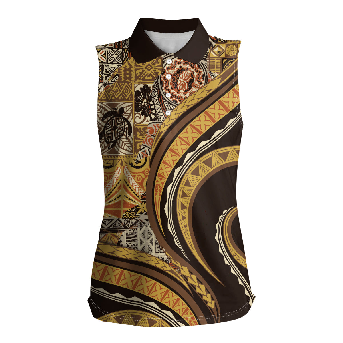 Hawaiian Hibiscus Tribal Vintage Motif Women Sleeveless Polo Shirt Ver 4 LT9 Female Gold - Polynesian Pride