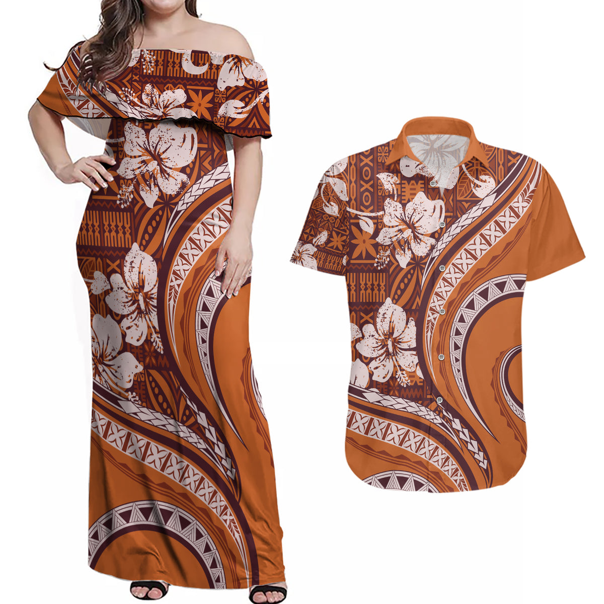 Hawaiian Hibiscus Tribal Vintage Motif Couples Matching Off Shoulder Maxi Dress and Hawaiian Shirt Ver 5 LT9 Gold - Polynesian Pride