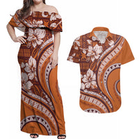 Hawaiian Hibiscus Tribal Vintage Motif Couples Matching Off Shoulder Maxi Dress and Hawaiian Shirt Ver 5 LT9 Gold - Polynesian Pride