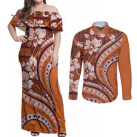 Hawaiian Hibiscus Tribal Vintage Motif Couples Matching Off Shoulder Maxi Dress and Long Sleeve Button Shirt Ver 5 LT9 Gold - Polynesian Pride