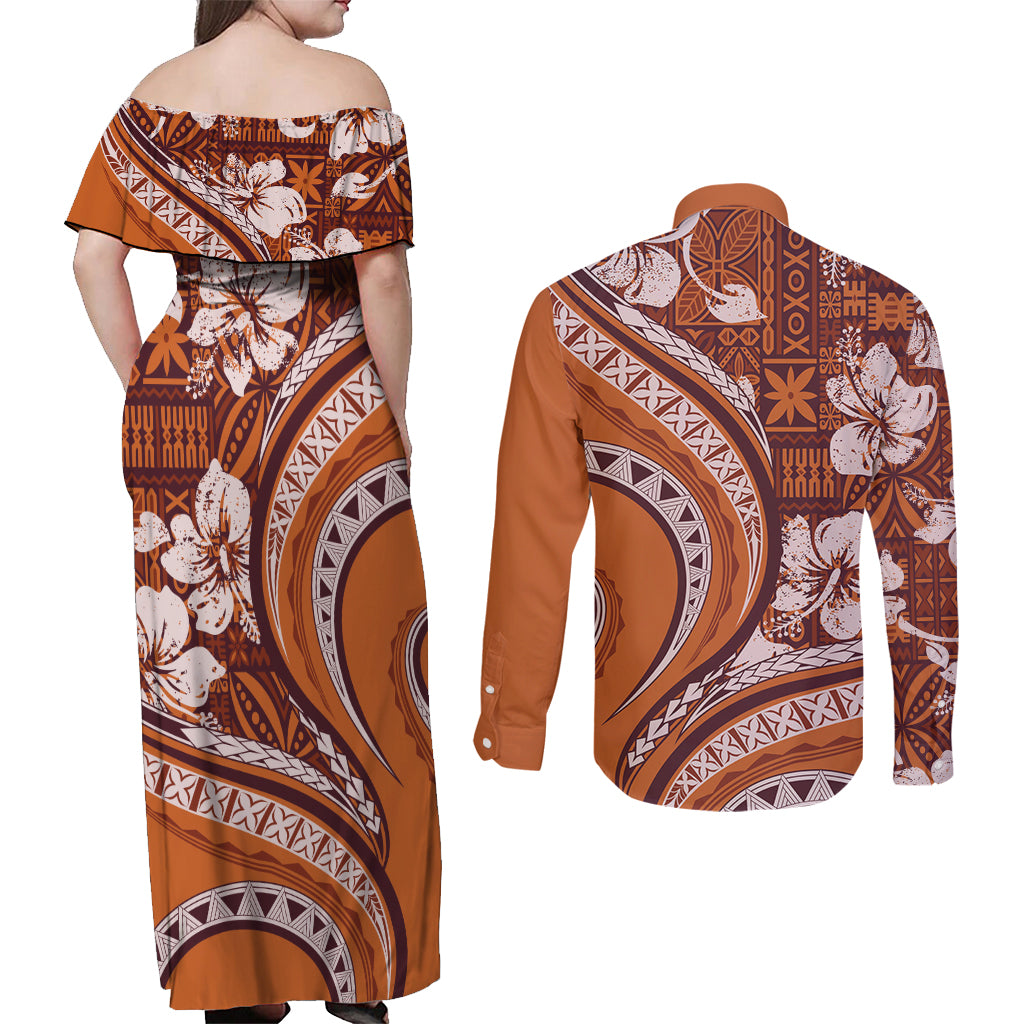 Hawaiian Hibiscus Tribal Vintage Motif Couples Matching Off Shoulder Maxi Dress and Long Sleeve Button Shirt Ver 5 LT9 - Polynesian Pride
