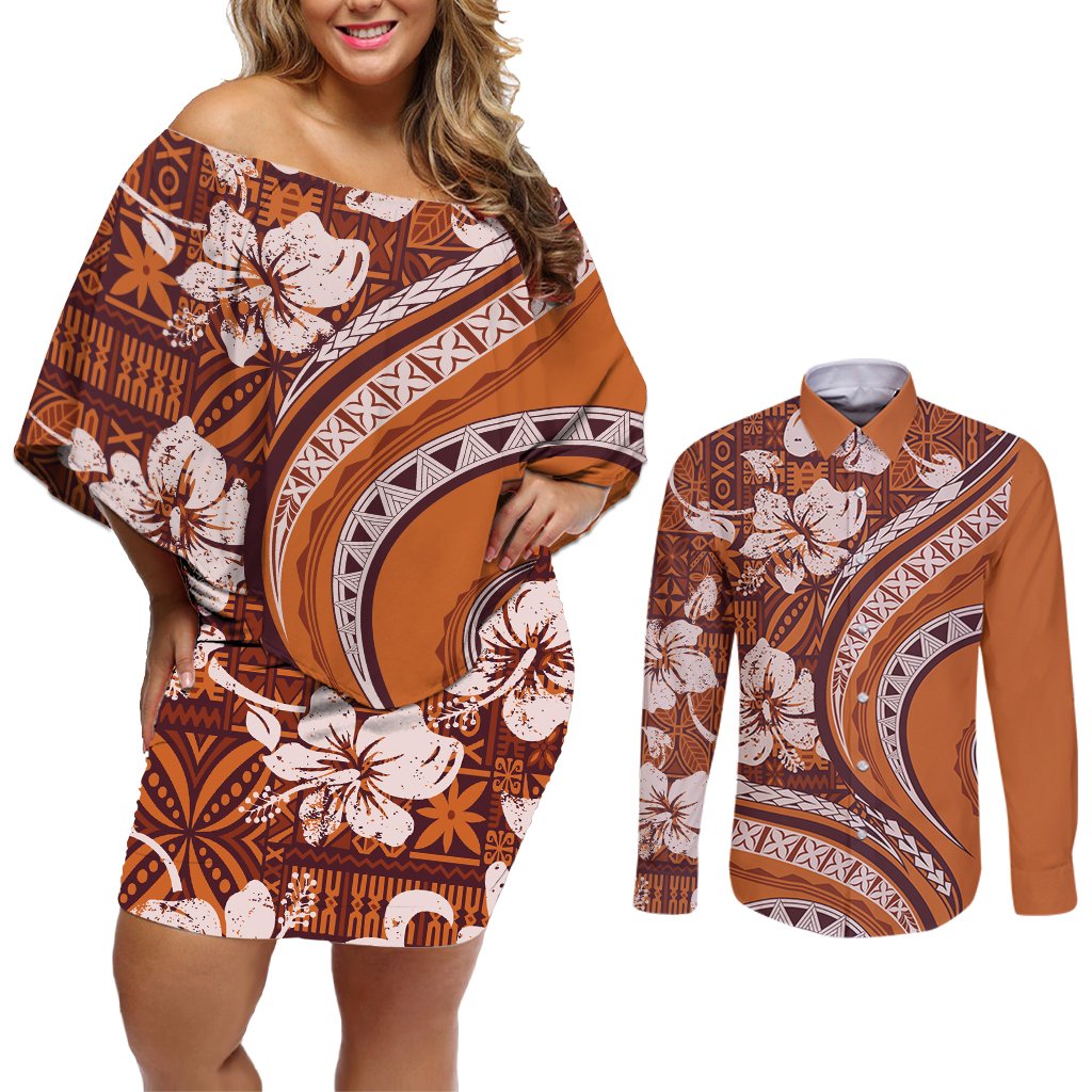 Hawaiian Hibiscus Tribal Vintage Motif Couples Matching Off Shoulder Short Dress and Long Sleeve Button Shirt Ver 5 LT9 Gold - Polynesian Pride