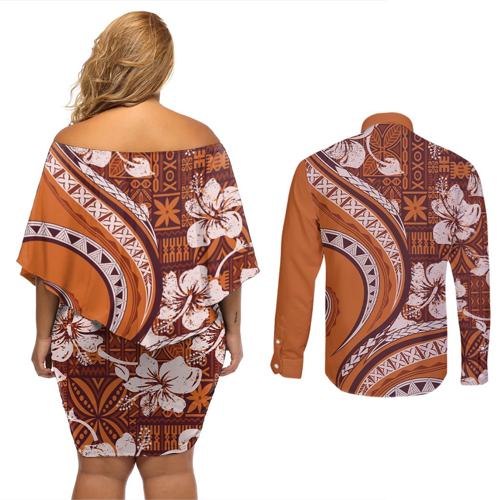 Hawaiian Hibiscus Tribal Vintage Motif Couples Matching Off Shoulder Short Dress and Long Sleeve Button Shirt Ver 5 LT9 - Polynesian Pride