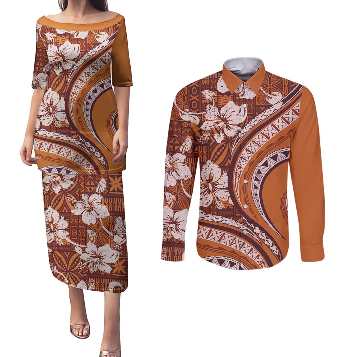 Hawaiian Hibiscus Tribal Vintage Motif Couples Matching Puletasi and Long Sleeve Button Shirt Ver 5 LT9 Gold - Polynesian Pride