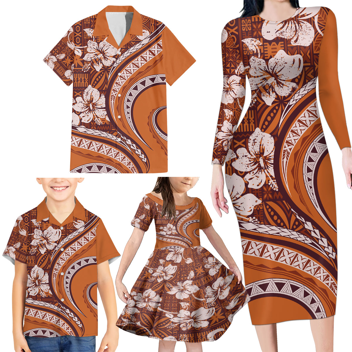 Hawaiian Hibiscus Tribal Vintage Motif Family Matching Long Sleeve Bodycon Dress and Hawaiian Shirt Ver 5 LT9 - Polynesian Pride