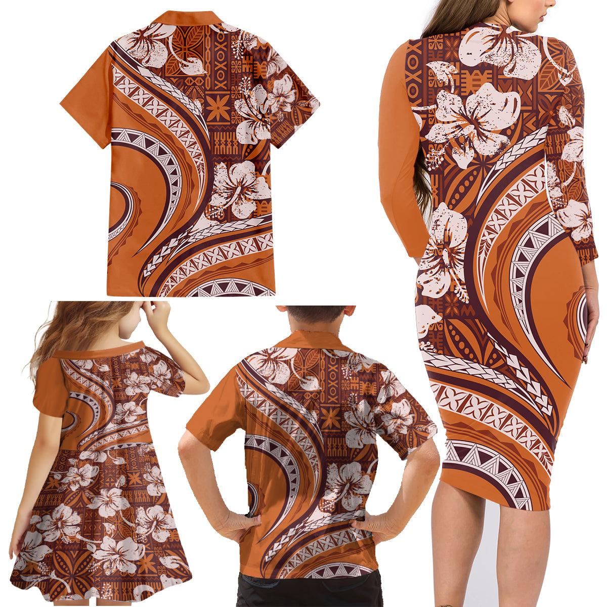 Hawaiian Hibiscus Tribal Vintage Motif Family Matching Long Sleeve Bodycon Dress and Hawaiian Shirt Ver 5 LT9 - Polynesian Pride