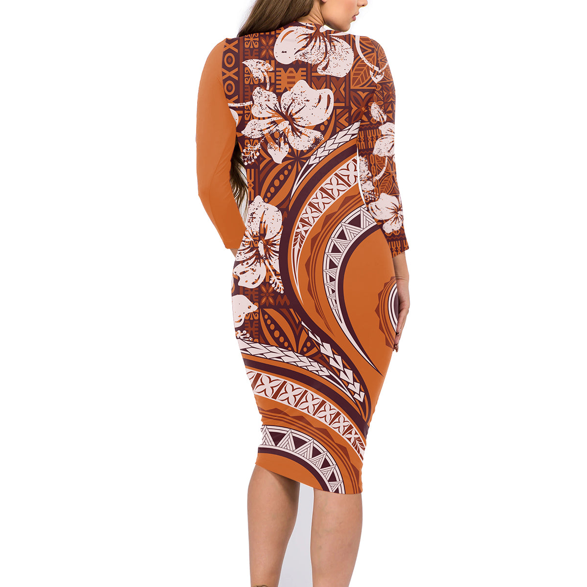 Hawaiian Hibiscus Tribal Vintage Motif Family Matching Long Sleeve Bodycon Dress and Hawaiian Shirt Ver 5 LT9 - Polynesian Pride