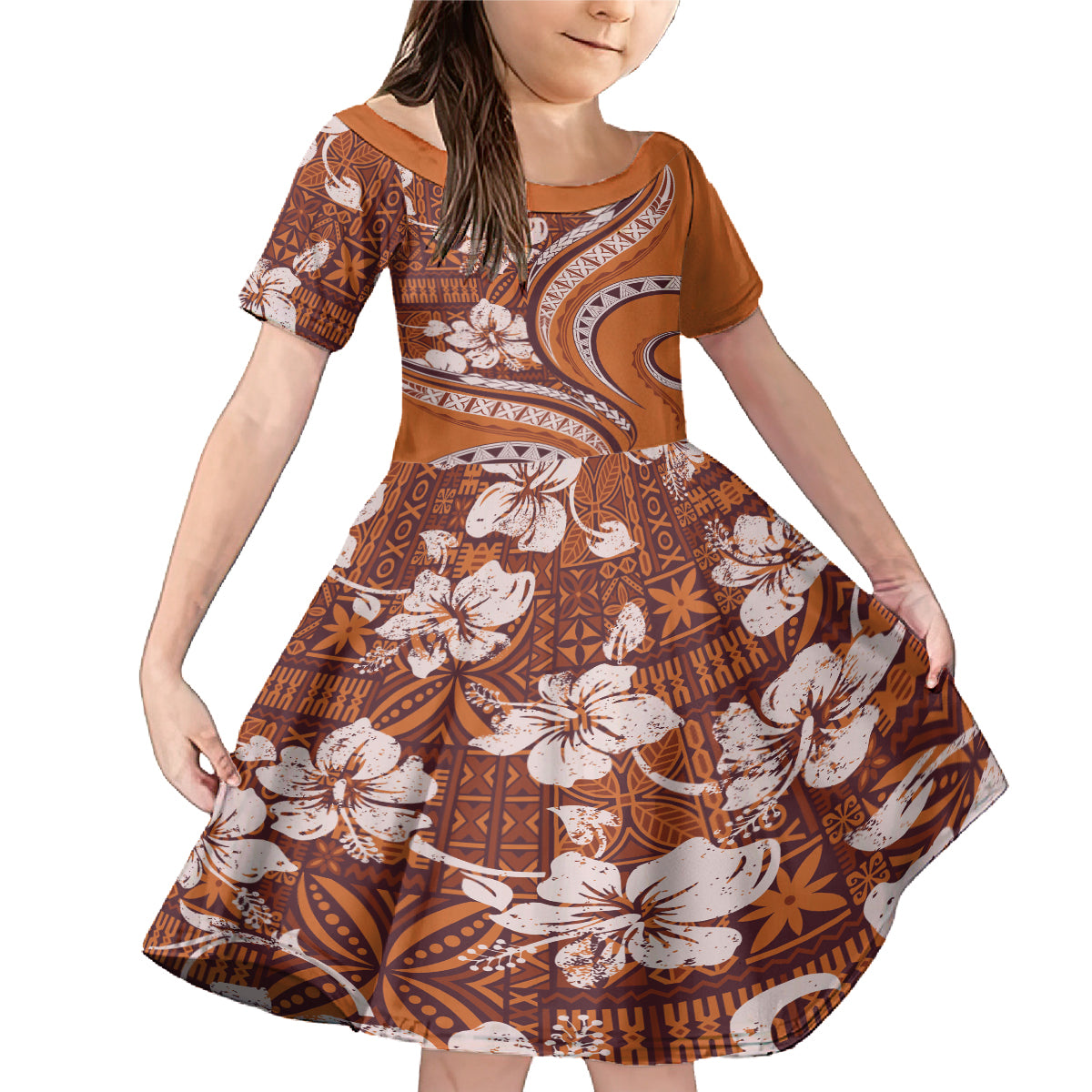 Hawaiian Hibiscus Tribal Vintage Motif Family Matching Mermaid Dress and Hawaiian Shirt Ver 5 LT9 Daughter's Dress Gold - Polynesian Pride