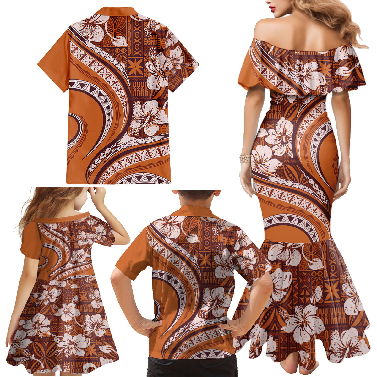 Hawaiian Hibiscus Tribal Vintage Motif Family Matching Mermaid Dress and Hawaiian Shirt Ver 5 LT9 - Polynesian Pride