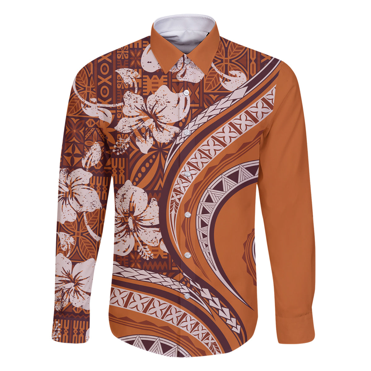 Hawaiian Hibiscus Tribal Vintage Motif Family Matching Mermaid Dress and Hawaiian Shirt Ver 5 LT9 Dad's Shirt - Long Sleeve Gold - Polynesian Pride