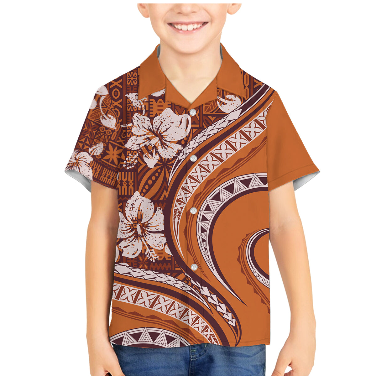 Hawaiian Hibiscus Tribal Vintage Motif Family Matching Mermaid Dress and Hawaiian Shirt Ver 5 LT9 Son's Shirt Gold - Polynesian Pride