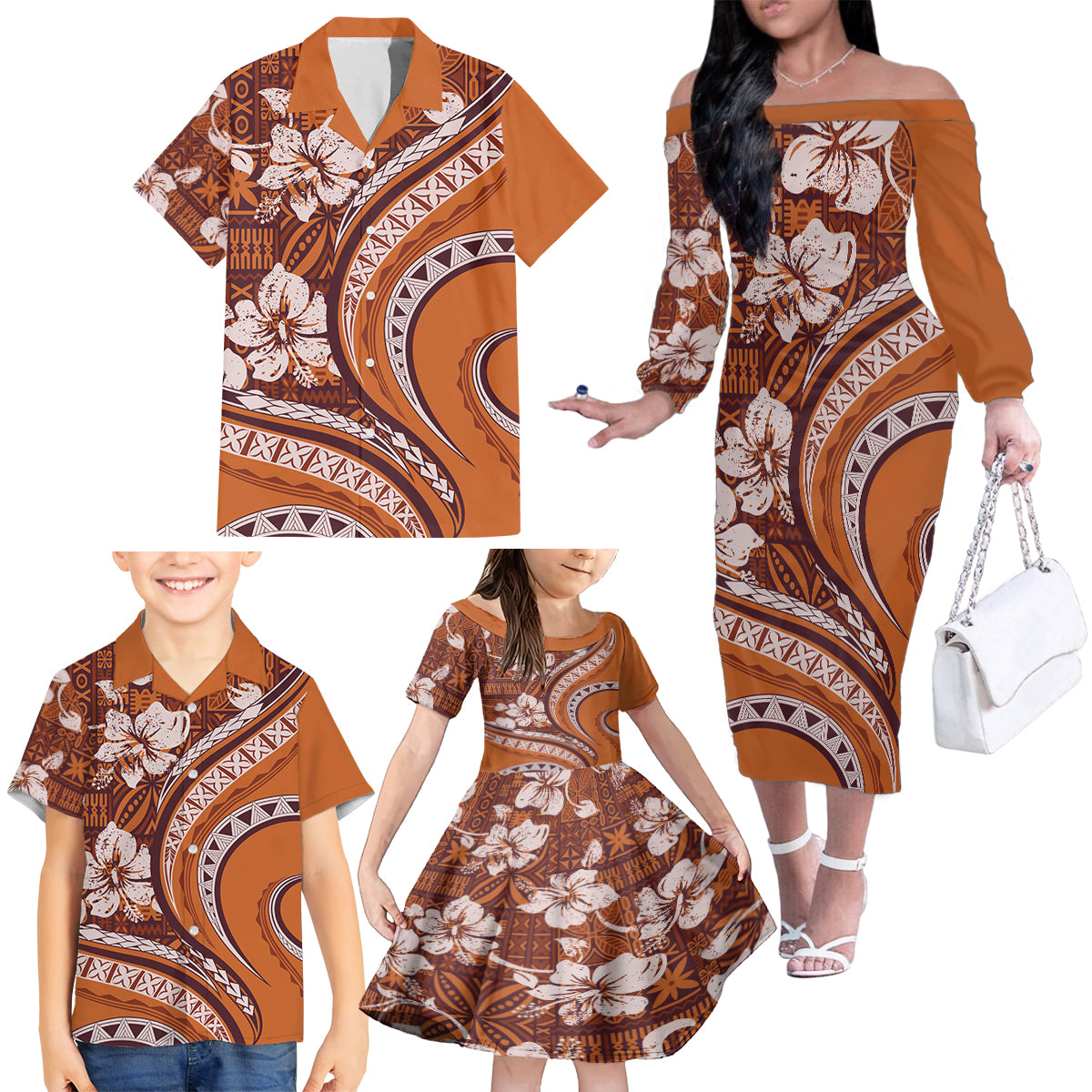 Hawaiian Hibiscus Tribal Vintage Motif Family Matching Off The Shoulder Long Sleeve Dress and Hawaiian Shirt Ver 5 LT9 - Polynesian Pride