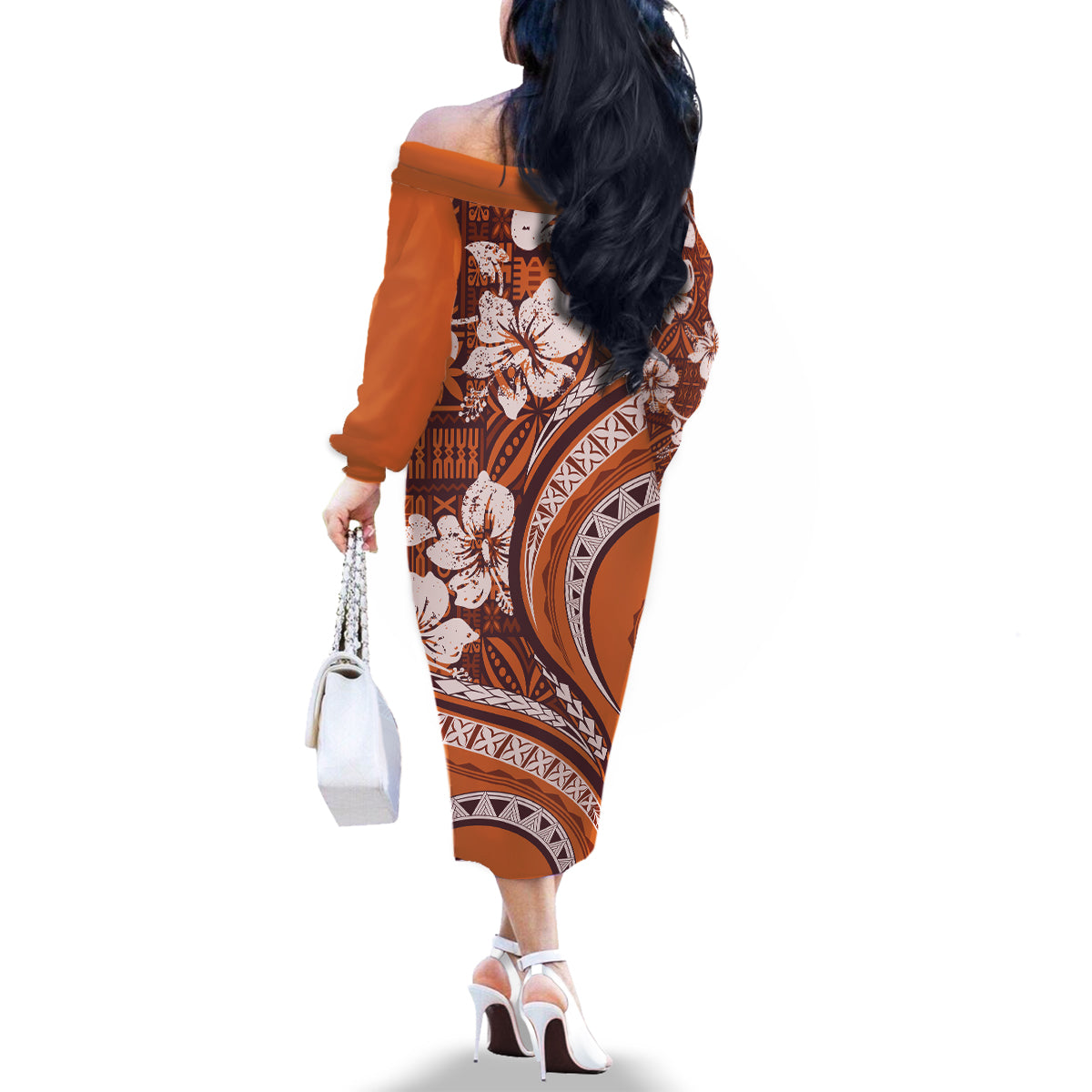 Hawaiian Hibiscus Tribal Vintage Motif Family Matching Off The Shoulder Long Sleeve Dress and Hawaiian Shirt Ver 5 LT9 - Polynesian Pride