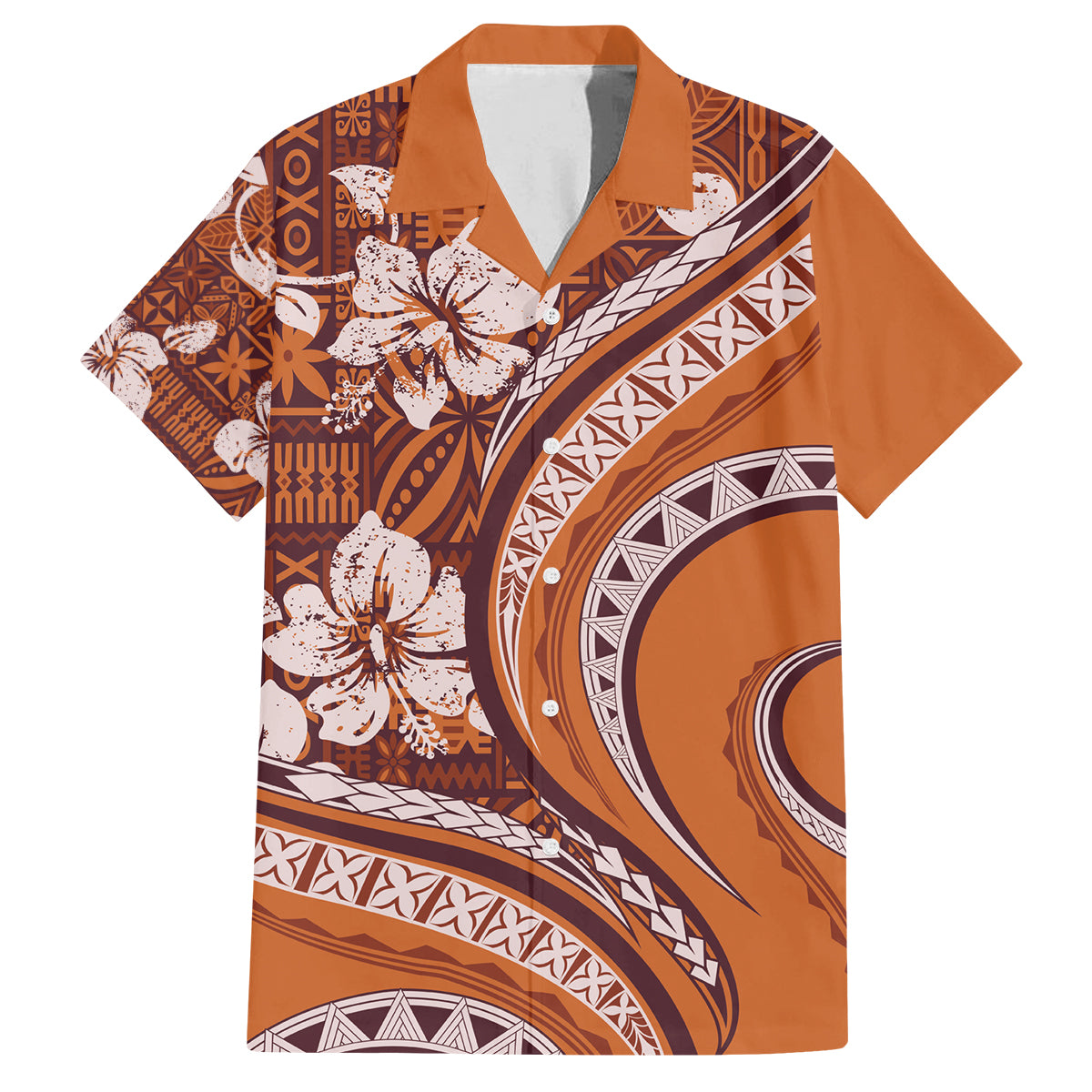 Hawaiian Hibiscus Tribal Vintage Motif Family Matching Off Shoulder Short Dress and Hawaiian Shirt Ver 5 LT9 Dad's Shirt - Short Sleeve Gold - Polynesian Pride
