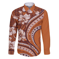 Hawaiian Hibiscus Tribal Vintage Motif Family Matching Off Shoulder Short Dress and Hawaiian Shirt Ver 5 LT9 Dad's Shirt - Long Sleeve Gold - Polynesian Pride