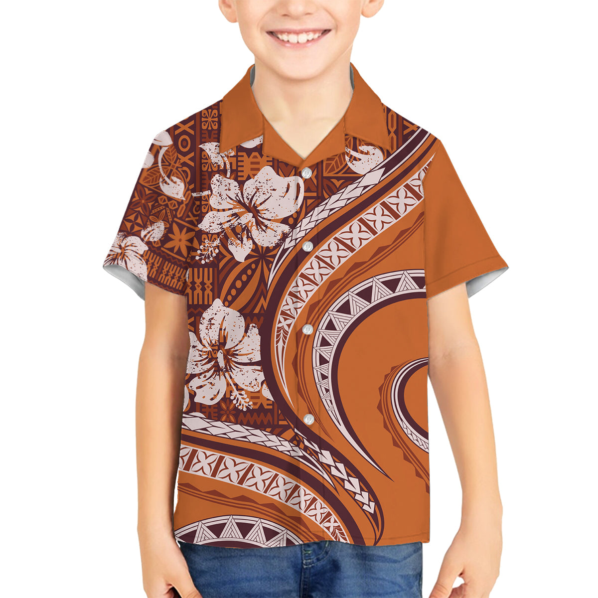 Hawaiian Hibiscus Tribal Vintage Motif Family Matching Off Shoulder Short Dress and Hawaiian Shirt Ver 5 LT9 Son's Shirt Gold - Polynesian Pride