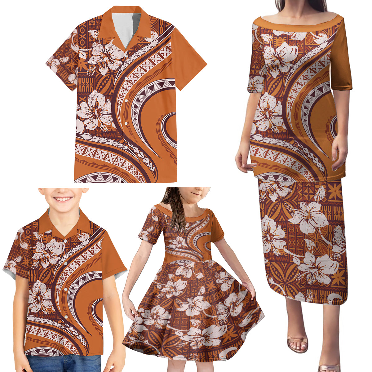 Hawaiian Hibiscus Tribal Vintage Motif Family Matching Puletasi and Hawaiian Shirt Ver 5 LT9 - Polynesian Pride